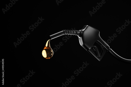 Black gasoline injector fueling oil or pure fuel on dark background. 3D rendering. photo