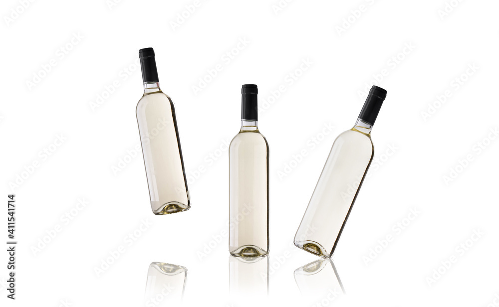Bottles of white wine floating on white background Bottles of white wine floating on white background
