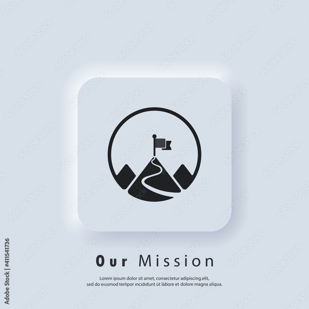 Mission icon. Goal. Mission logo. Mountain with a flag. Vector. UI icon. Neumorphic UI UX white user interface web button.