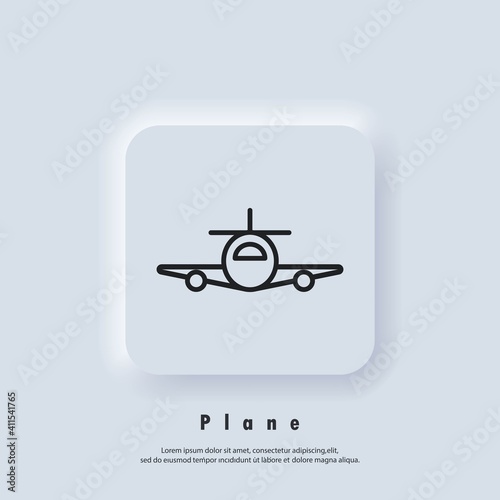 Airplane, plane icon. Travel agency badge logo. Airplane icons. Vector. UI icon. Neumorphic UI UX white user interface web button.
