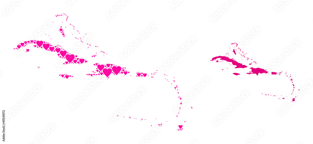 Love collage and solid map of Caribbean Islands. Collage map of Caribbean Islands designed from pink lovely hearts. Vector flat illustration for love conceptual illustrations.
