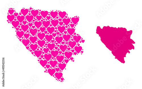 Love collage and solid map of Bosnia and Herzegovina. Collage map of Bosnia and Herzegovina is formed with pink hearts. Vector flat illustration for marriage conceptual illustrations.