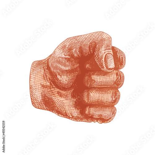 Hand sign clenched fist. Vector color vintage hatching illustration