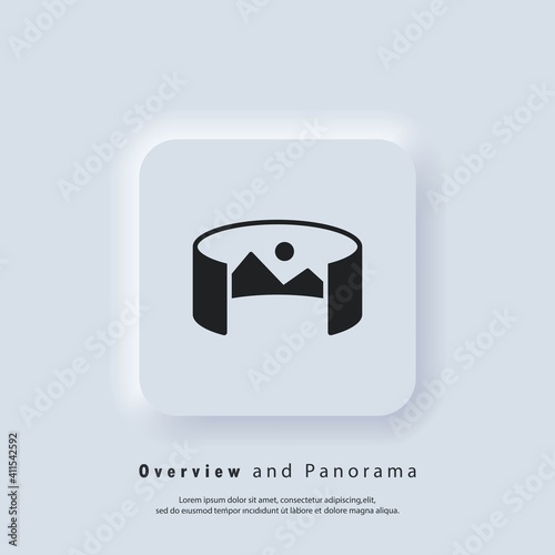 360 degree camera logo. Panorama picture 360 degree. Camera, photo icon. Virtual reality. Front camera swap. Vector. UI icon. Neumorphic UI UX white user interface web button. Neumorphism