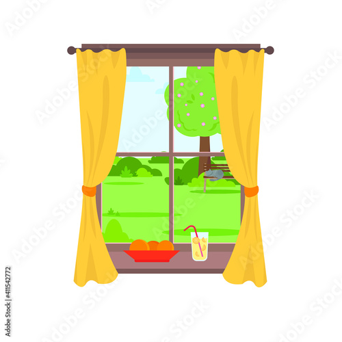 Window with Spring Landscape. Plate with oranges and a glass of lemonade on the sill. Cute cozy vector illustration in flat style