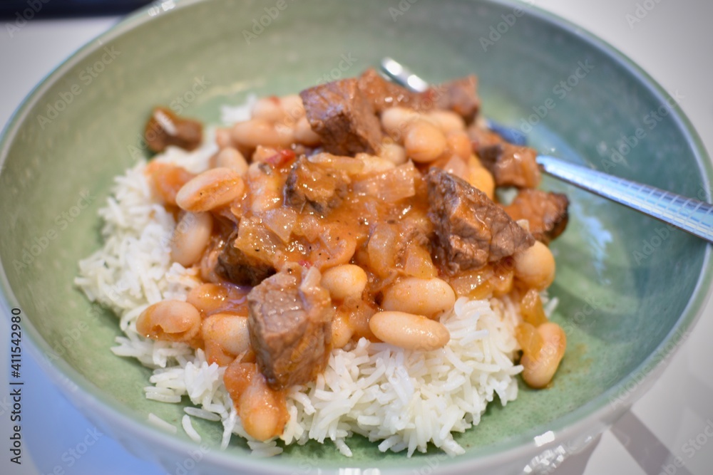 Plate of Turkish famous dish Beans over pilaff Plate of Turkish famous dish Beans over pilaff