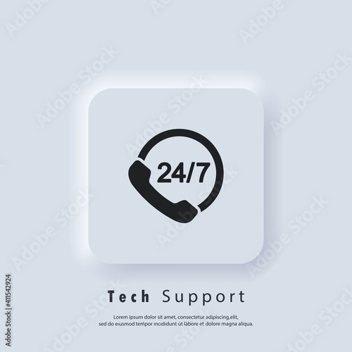 Support logo. Call center support 24 7. Service 24 7 icon. Vector. UI icon. Neumorphic UI UX white user interface web button. Neumorphism