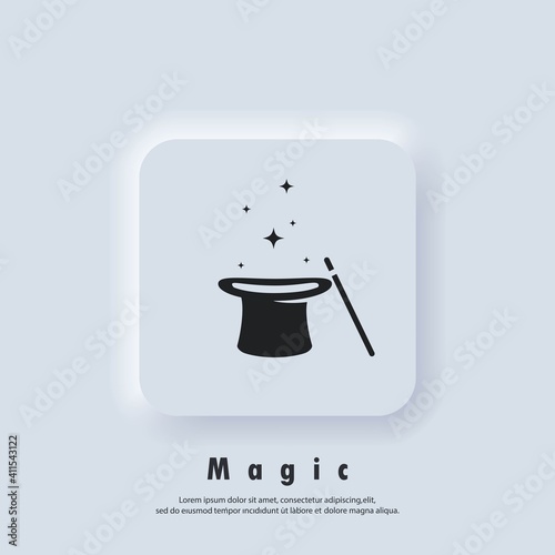 Magic logo. Wand magic hat icon. Illusionist, party service or event agency. Vector. UI icon. Neumorphic UI UX white user interface web button. Neumorphism