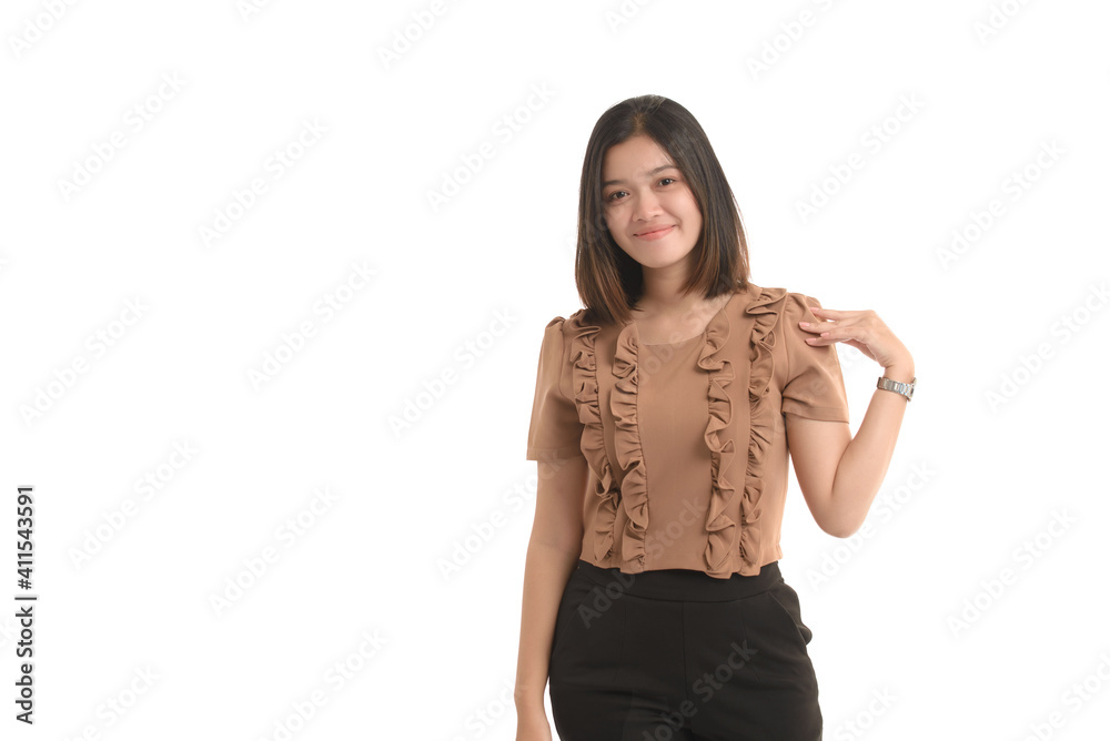 Fototapeta premium Asian business women is standing put her hand on shoulder and smile on a white background.