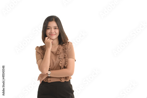 Portrait asian business woman is standing arms crossed with the other hand on the chin. A bright smile gesture Separated , isolated white background.