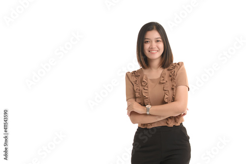 Portrait asian business woman is standing with arms folded, isolated over white background.