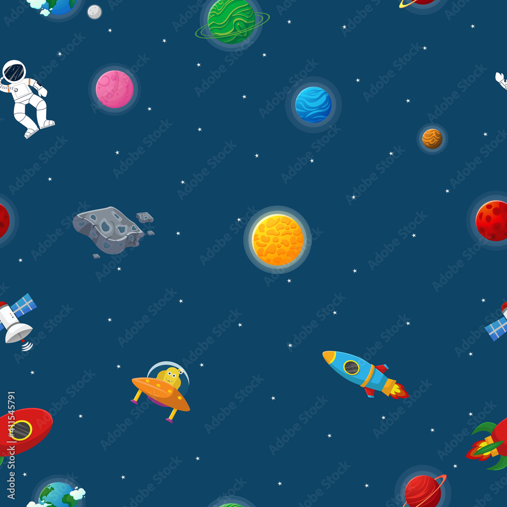 Galaxy seamless pattern design. Astronaut with