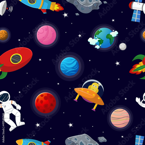Flat cartoon style space pattern. Astronaut with