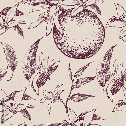 Orange fruits and leaves seamless pattern in vintage style