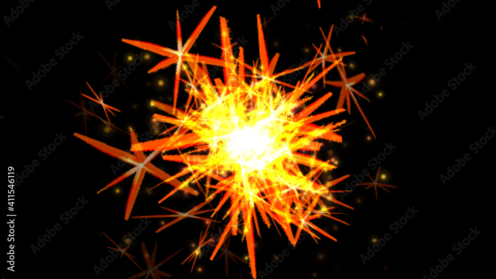 Isolated black background. Abstract sparkler sparkles with bright glowing sparks on a black endless space background. 3d illustration.
