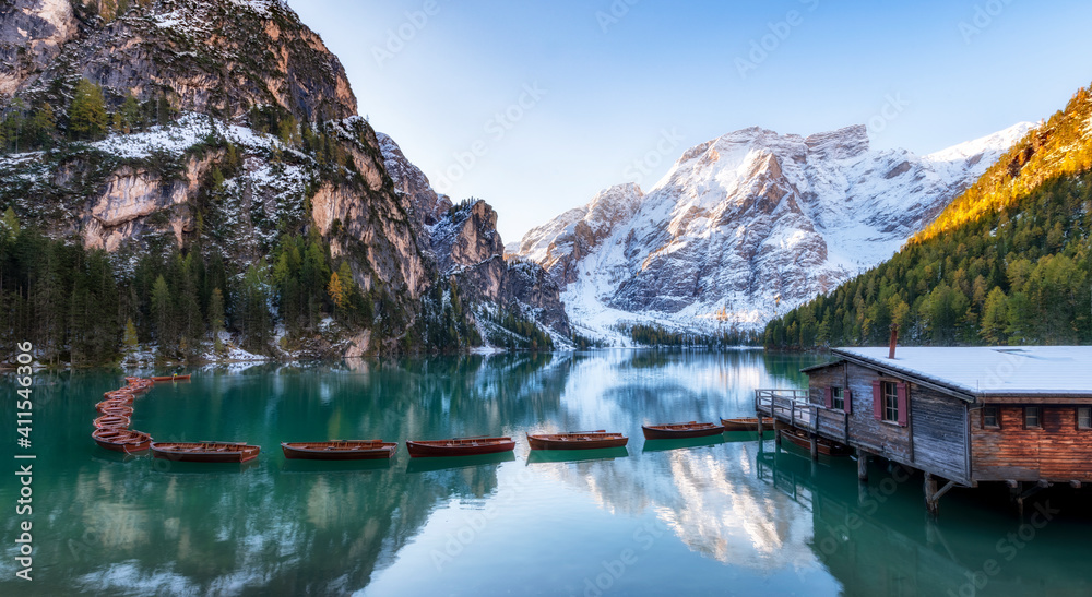 Landscape of Lago di Braies in dolomite mountains