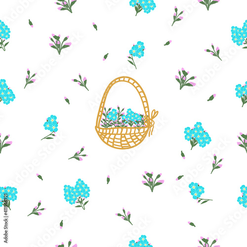 vector seamless pattern of flowers and forget me nots buds:the inscription Spring, an inflorescence of forget-me-not buds, a small bouquet, cartoon baskets with flowers.Stock illustration