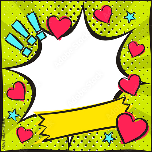 Love Pop art Bright comic empty speech bubble with hearts. White box for text in the shape of a exploison. Green Template for congratulations, Valentines day discounts. Vector illustration