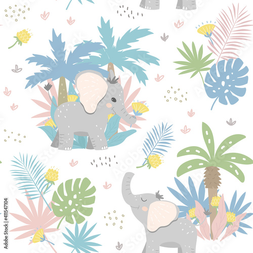 Seamless jungle patter with baby elephants. Cute baby texture for wrapping paper  scrubbing  textiles. 