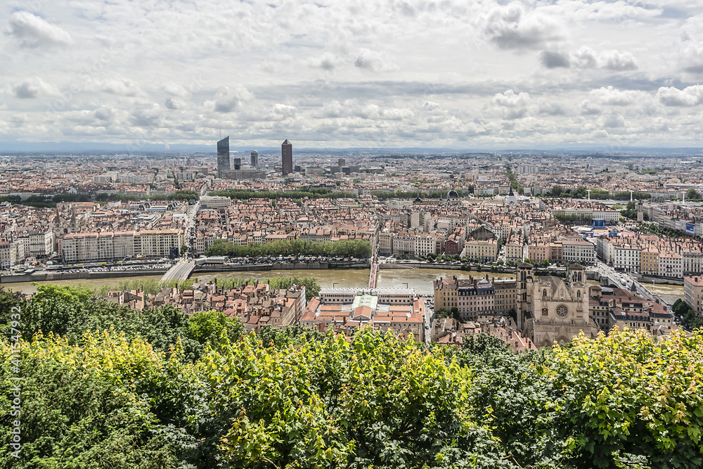 Panoramic aerial view of Lyon city. Rhone-Alpes, France.