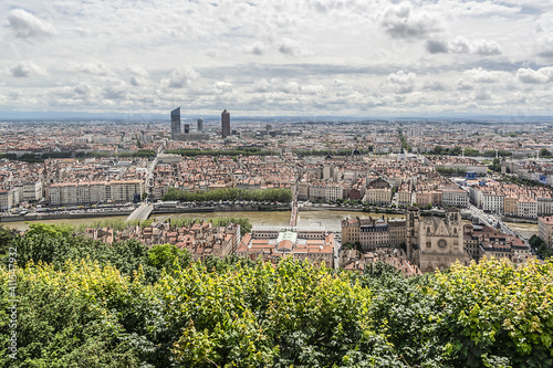 Panoramic aerial view of Lyon city. Rhone-Alpes, France.