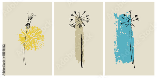 Decor printable art. Set of hand drawn dandelion vector illustrations on abstract backgrounds for home interior design. Contemporary art for prints, posters, cards, textile