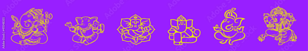 set of ganesha cartoon icon design template with various models. vector illustration isolated on purple background set of ganesha cartoon icon design template with various models. vector illustration isolated on purple background