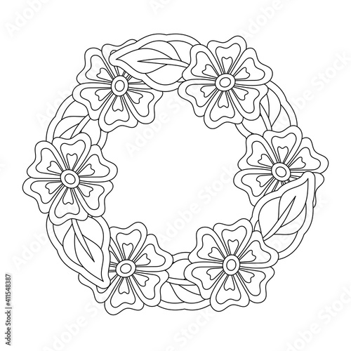 Floral frame. Coloring book. Flower, leaves and decorative elements