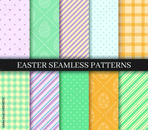 Easter seamless Patterns set. Endless texture for web page, picnic tablecloth, wrapping paper. Eggs, Gingham, Polka Dot and Striped pattern designs collection. Pattern templates in Swatches panel.