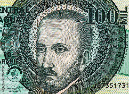 San Roque Gonzalez de Santa Cruz Portrait from Paraguay 100000 Guaranies 2015 Banknotes. photo