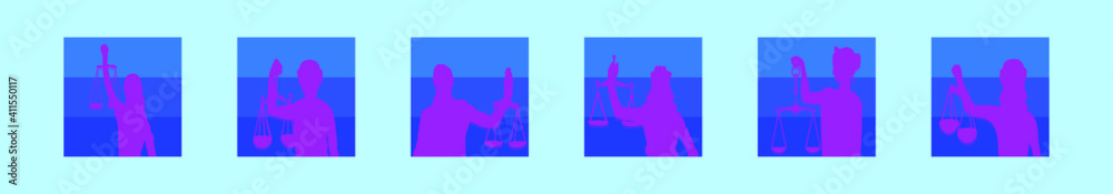 set of lady justice cartoon icon design template with various models. vector illustration isolated on blue background