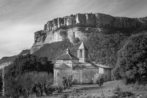 Beautiful landscape with collsacabra and rocallarga mountains and the church of Sant Joan de Fabregues near Rupit , Barcelona, Spain.Black and white photography. photo