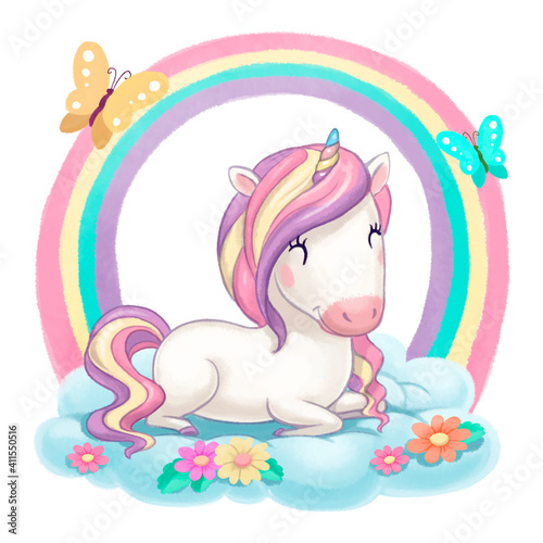 cute drawing of unicorn in the clouds with flowers isolated on white background
