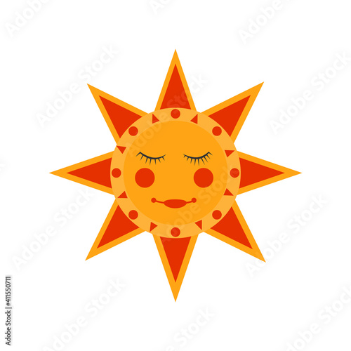 Russian traditional sun - symbol of the traditional holiday carnival about Russian Pancake week. Translation Shrovetide or Maslenitsa. Spring festival. Flat isoleted illustration