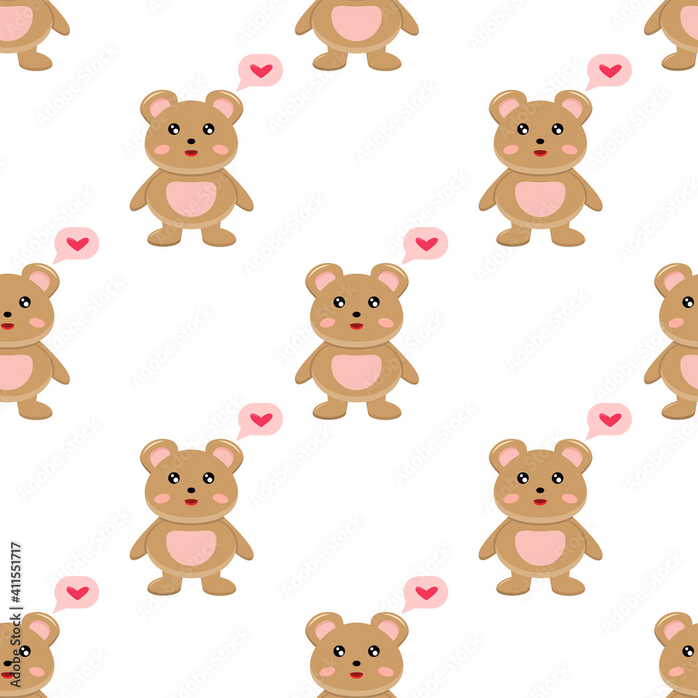Cute Valentines Day Brown Bear seamless pattern. Vector illustration.