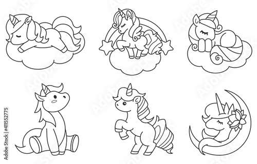 Set of cute unicorns. Isolated outline for coloring