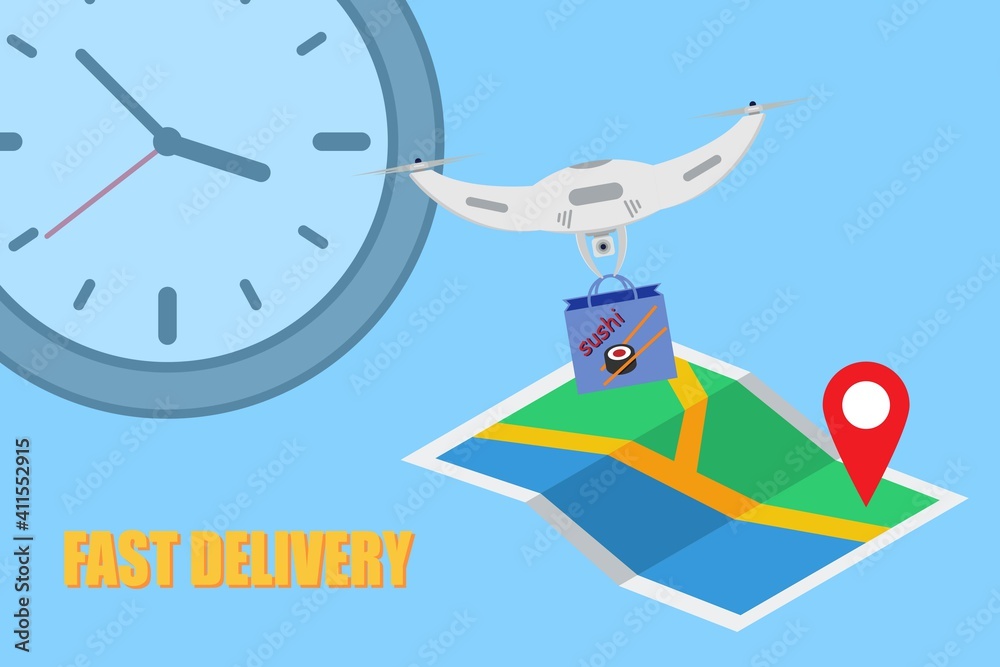 Fast drone delivery sushi in a package, food delivery concept illustration, drone control, delivery anywhere in the city. Vector EPS10