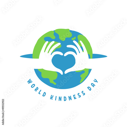 World kindness day logo. Random acts of kindness day emblem. Caring, responsibility, altruism of people. November 13. Hands show the heart and planet. Vector illustration. Global earth. Ecology theme.