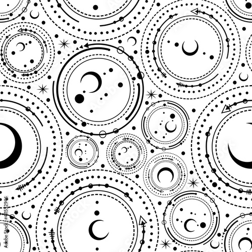 Vector illustration, astronomical geometry, moon, stars, Handmade, light  background, seamless pattern