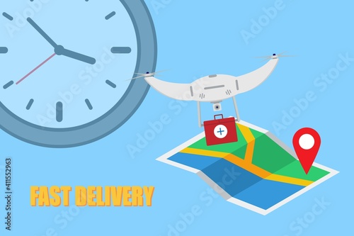 Fast delivery of medicines from a pharmacy by a drone, an illustration concept of a modern delivery of medicines, control of a drone, delivery to any point in the city. Vector EPS10