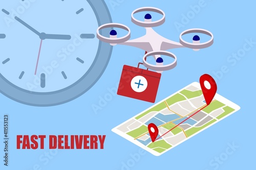 Fast delivery of medicines from a pharmacy by a drone, an illustration concept of a modern delivery of medicines, control of a drone, delivery to any point in the city. Vector EPS10