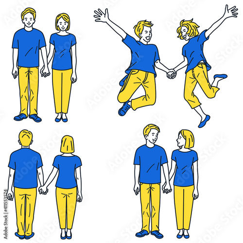 Full length vector character of young couple lovers holding hands, happy, smiling, jumping in the air, looking at each other. Outline, linear, thin line art, doodle, hand drawn sketch.