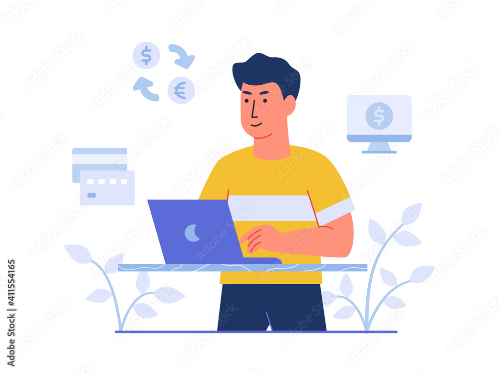 finance character man working on laptop background of credit card computer monetize money exchange finance character man working on laptop background of credit card computer monetize money exchange