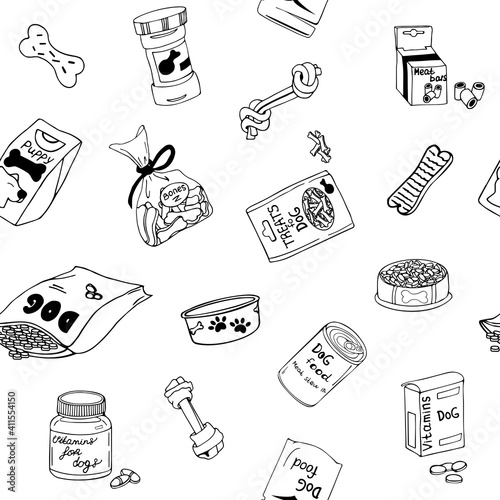 Vector seamless illustration with dog food. Black and white image in doodle style with food and treats for dogs. Isolated images with black lines