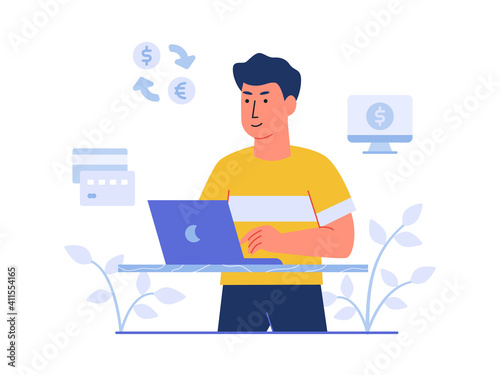 finance character man working on laptop background of credit card computer monetize money exchange