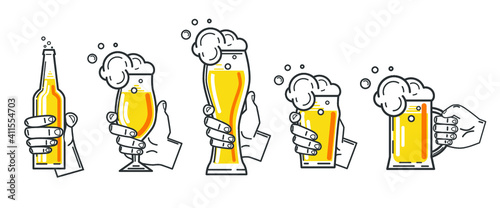 Collection of hands holding glasses of beer isolated on white. Vector illustration.