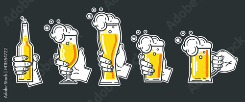 Collection of hands holding glasses of beer isolated on white. Vector illustration.