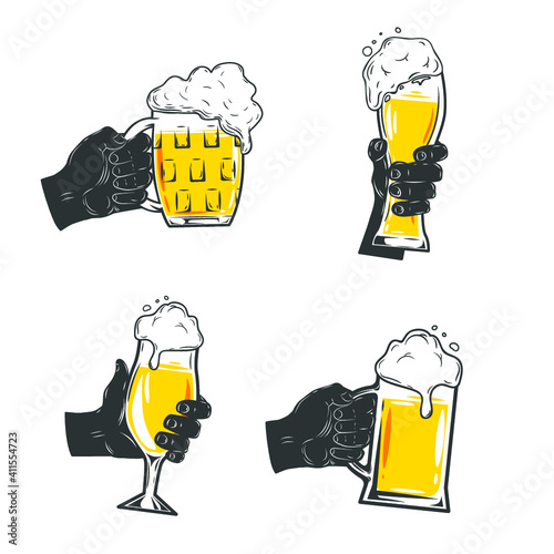 Collection of hands holding glasses of beer isolated on white. Vector illustration.