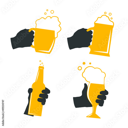 Collection of hands holding glasses of beer isolated on white. Vector illustration.