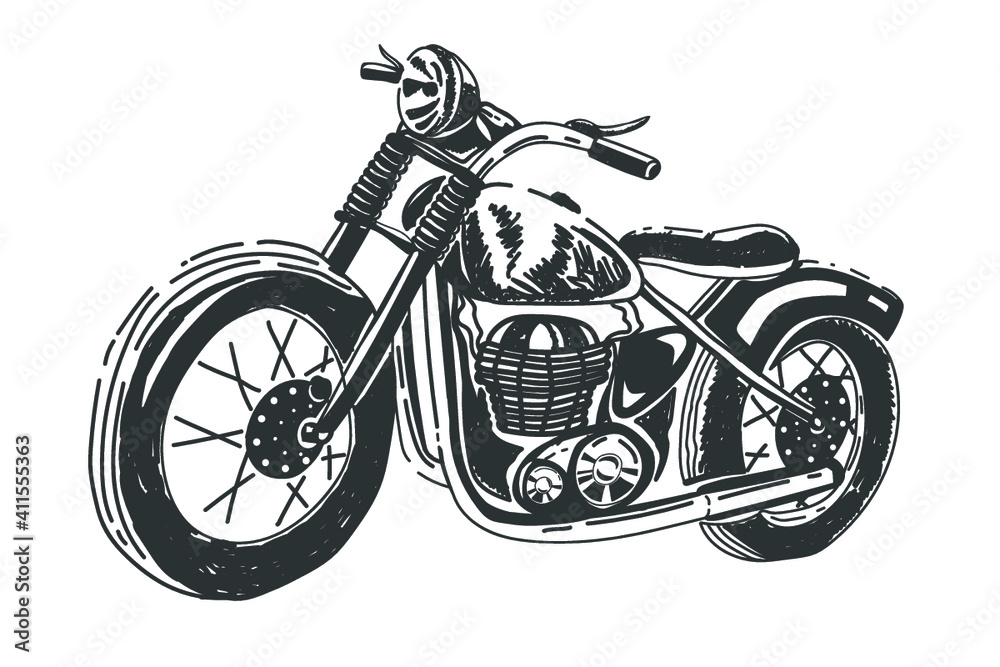 Hand drawn vintage motorcycle isolated on white. Vector illustration.